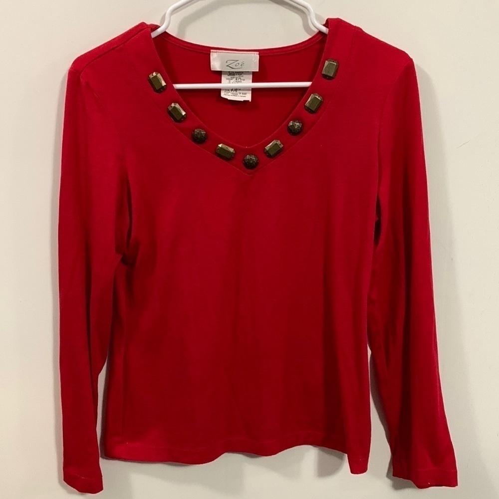 Zoe Red long sleeve top embellished neckline, size PS, SP, good condition